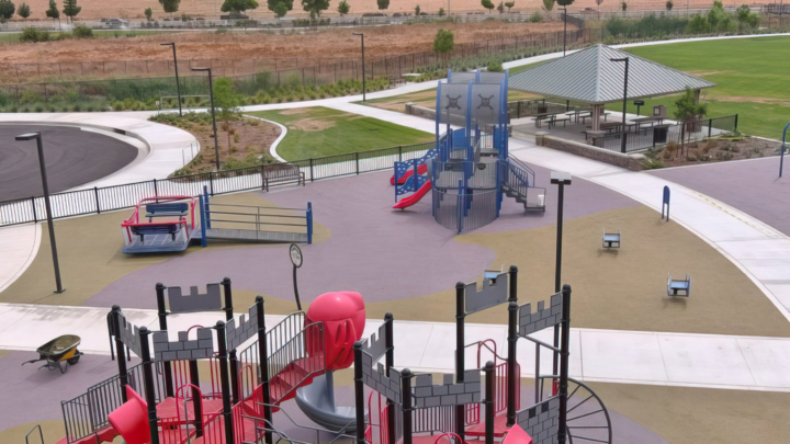 playground with colorful rubber floor and surfacing