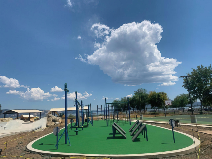 seaside playground with green rubber floor